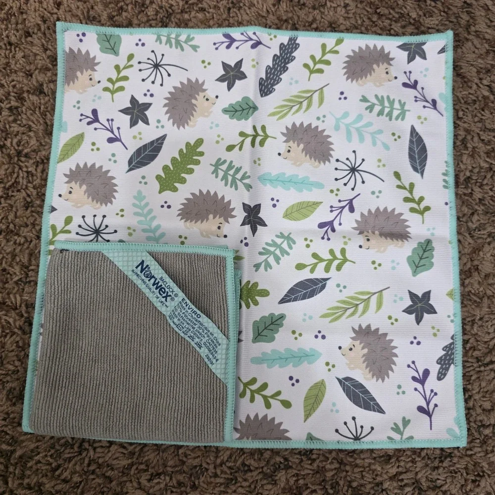 Norwex 3pc Set Ribbed Kitchen Towel Teal Gray EnviroCloth Hedgehog Window Cloth